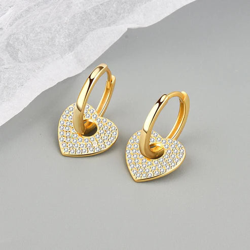 18K Gold-Plated Copper Earrings with Micro-Inlaid Diamonds in a Heart Design – European and American Style