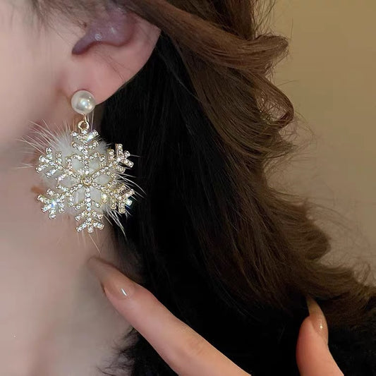 Christmas Snowflake Earrings for Women with Full Diamonds, Pearls, and Plush Design