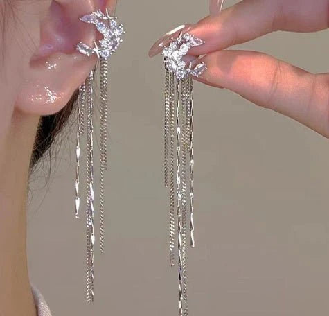 Fashionable Elegant Zircon Star and Moon Tassel Non-Piercing Ear Clip